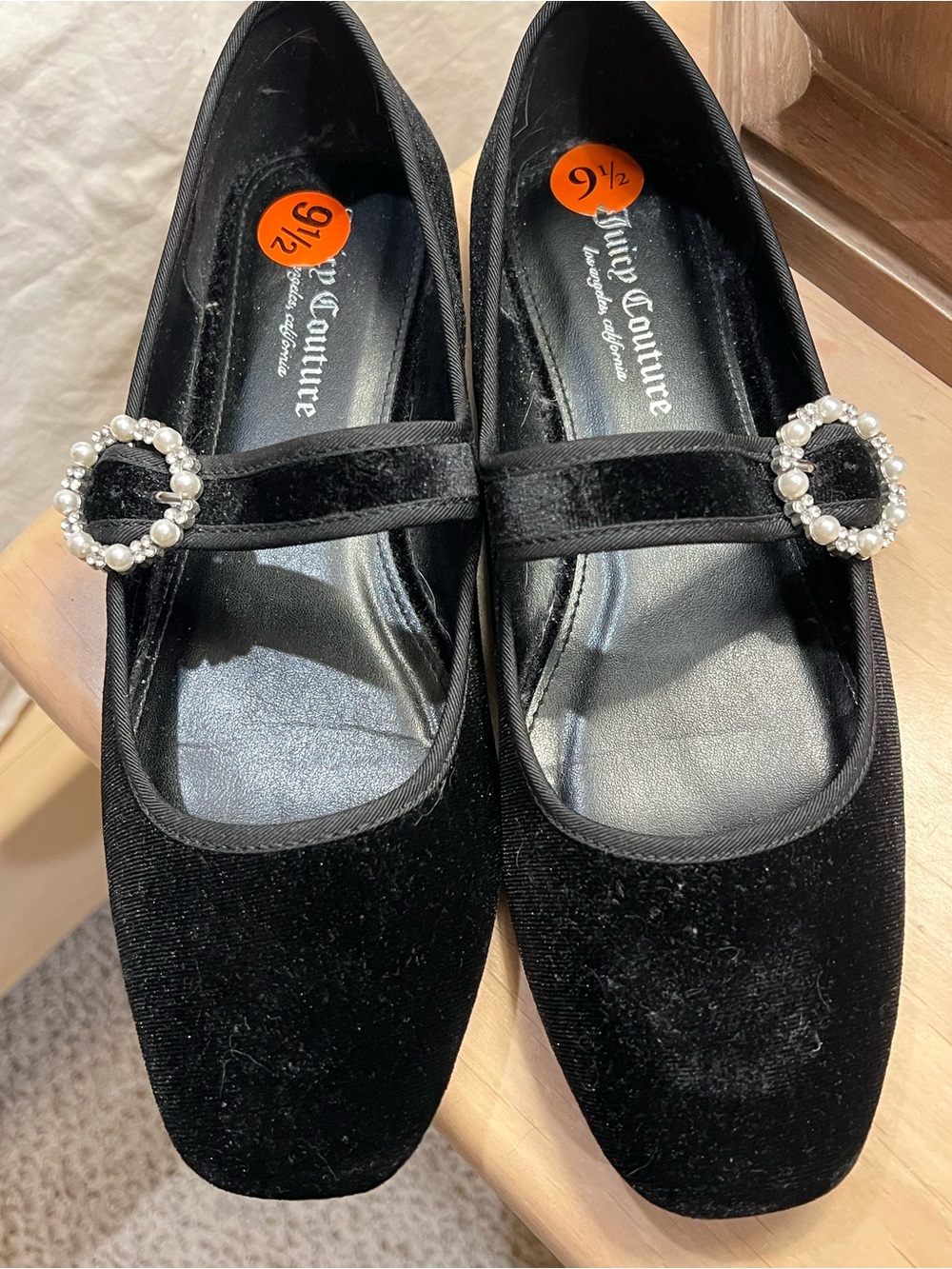 Juicy Couture Black Velvet Mary Jane Flats with Pearl Buckle Accent